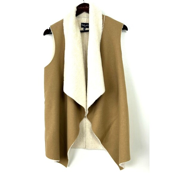 SPLENDID Tan Faux Sherpa Shearling Drape Open Front Keane Vest Sz Small 1086U4 - Picture 4 of 12